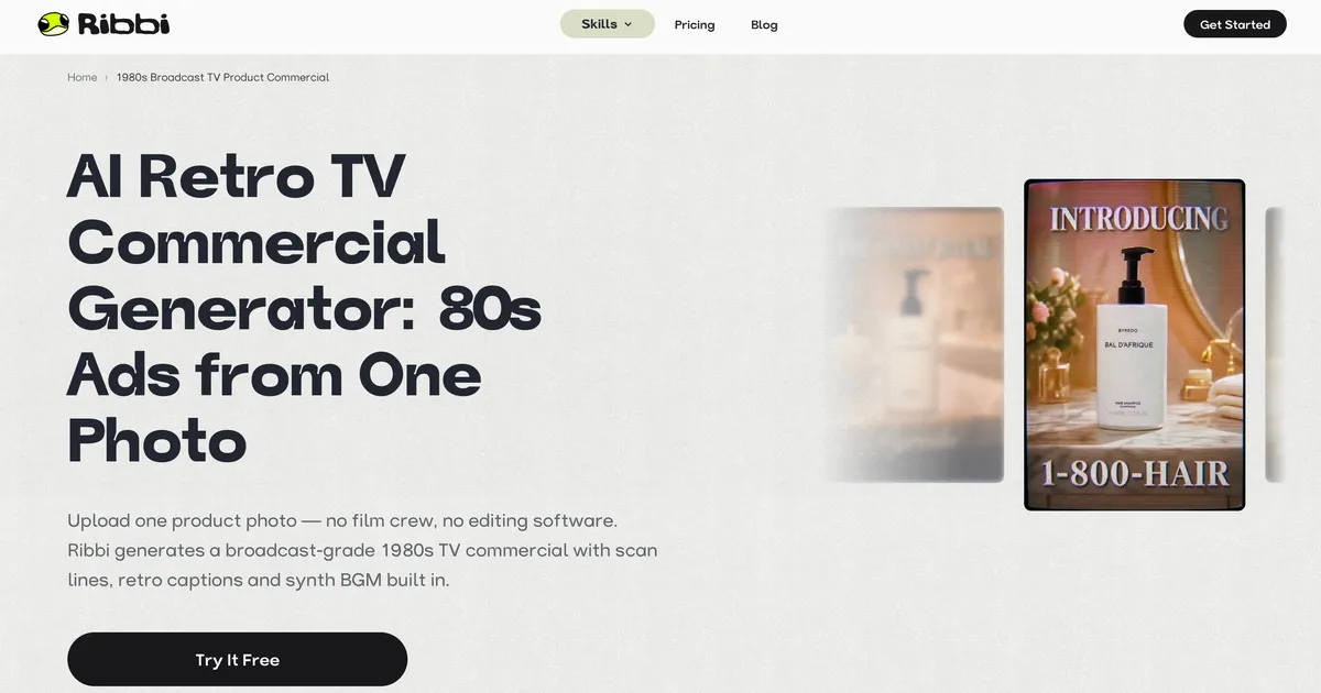 Ribbi's AI Retro TV Commercial Generator — turning one product photo into a broadcast-style ad