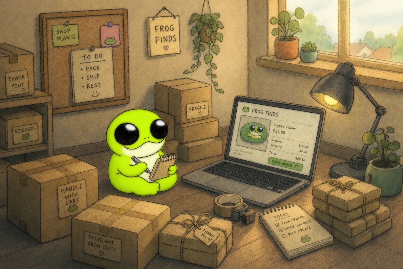 A small frog entrepreneur packing orders beside a laptop showing its online shop — the kind of solo business an AI agent can help run