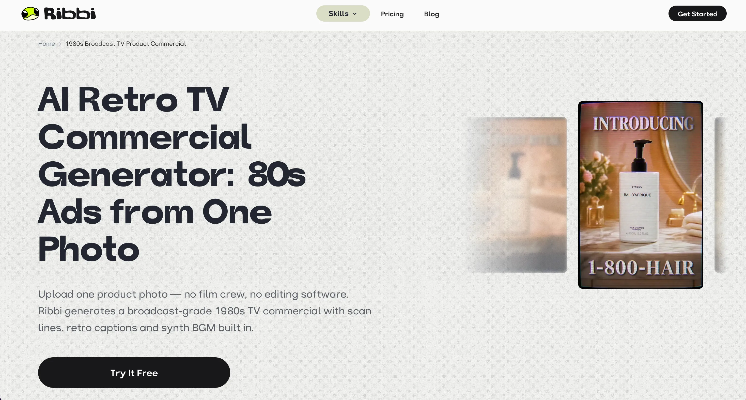 Ribbi's AI Retro TV Commercial Generator landing page